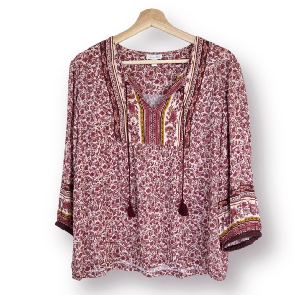 Garnet Hill Fall Florals Peasant Blouse‎ Tassels 3/4 Sleeve Boho Size 6